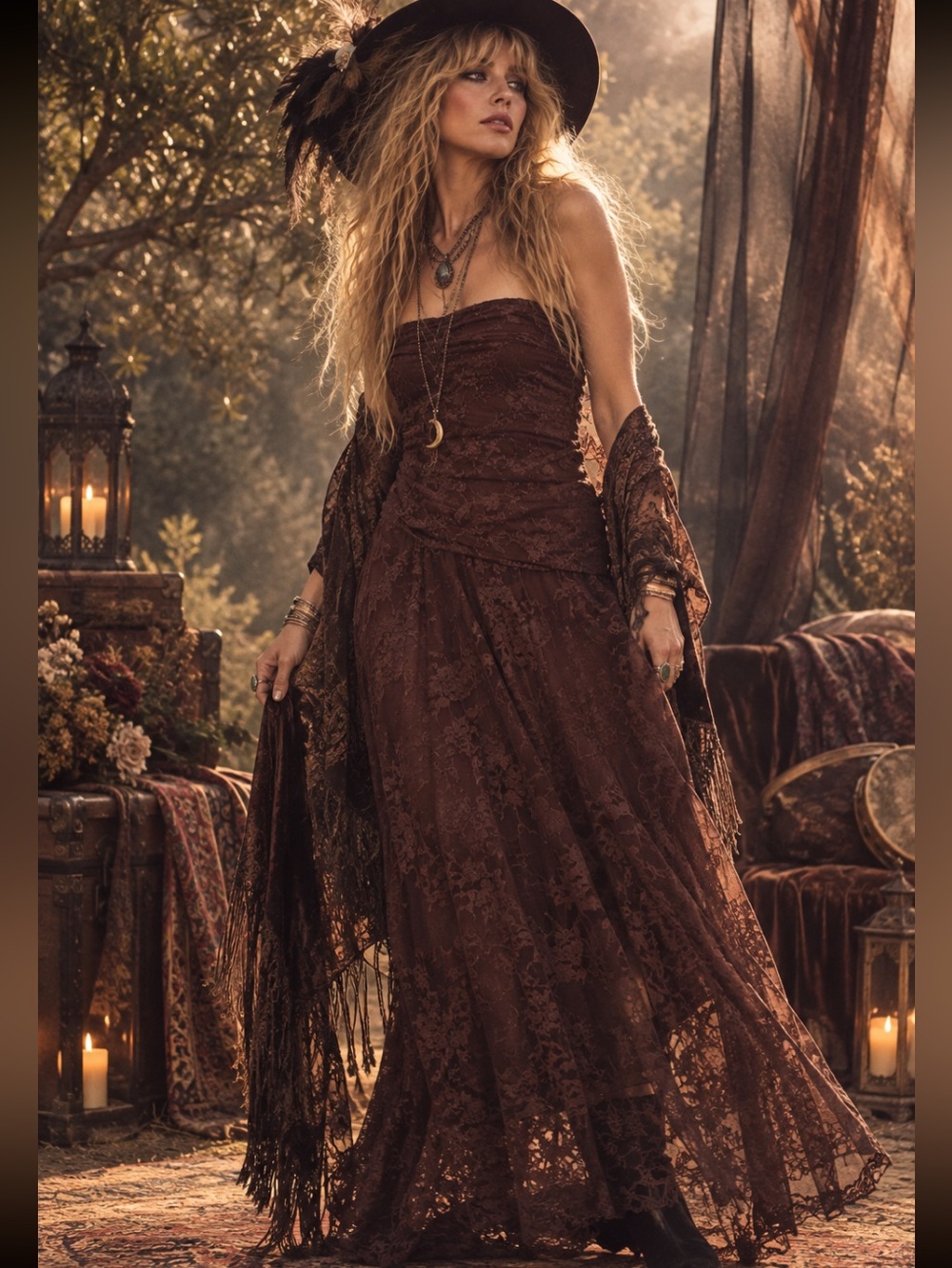See You Monday Strapless Lace Maxi Dress in Deep Brown size XL